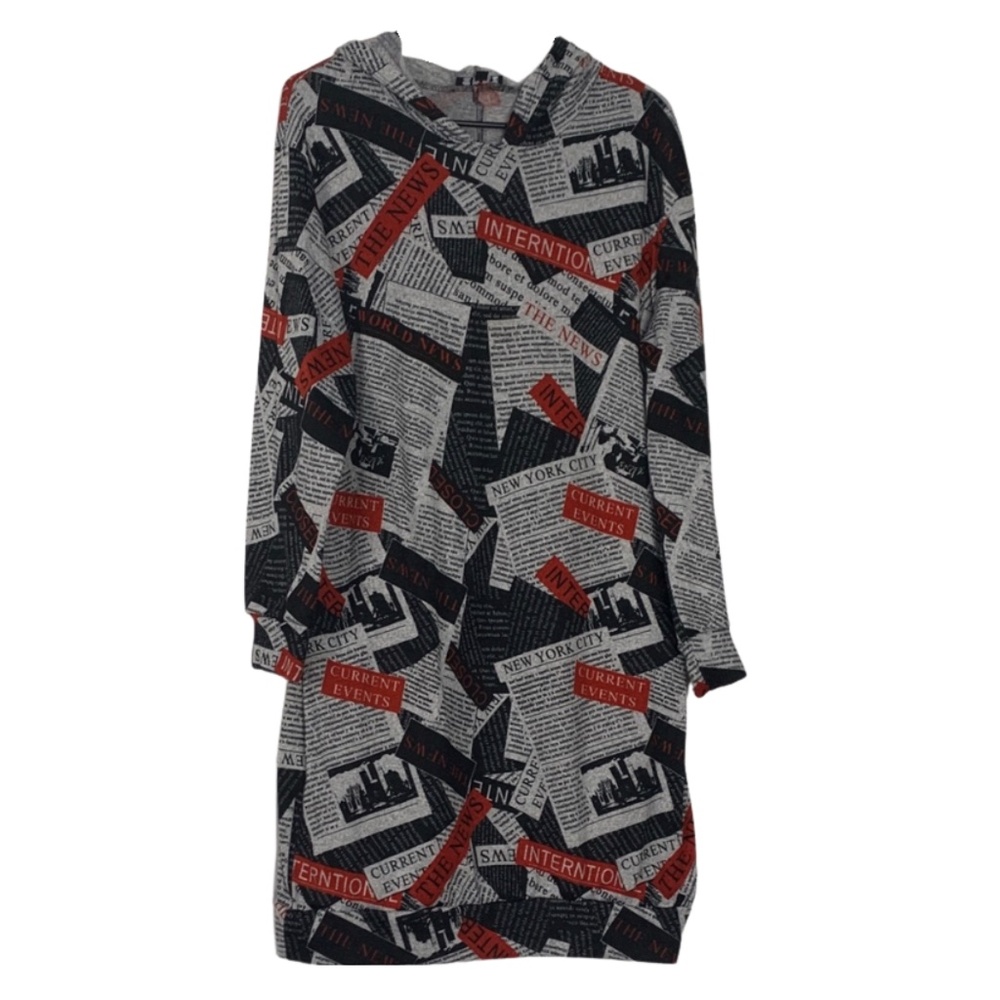 Poof Black Red Newspaper Print Midi Long Shirt Women's 1X  Retro Y2K 90s